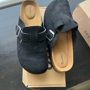 Black Suede Buckle Slip Ons